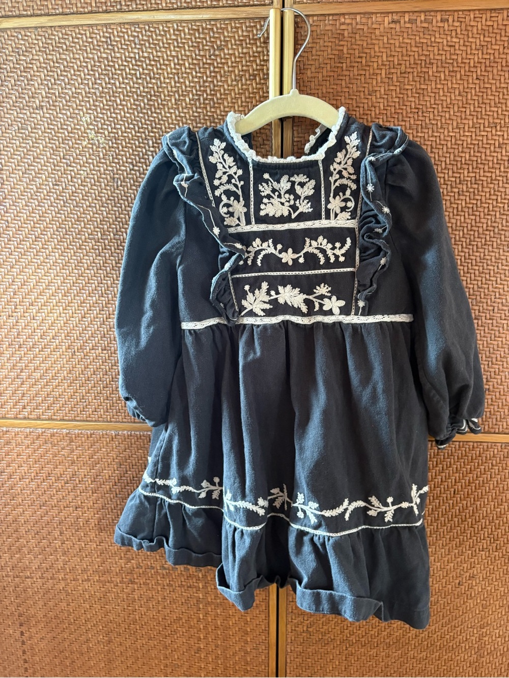 Sezane Folk Dark Gray Embroidered Long Sleeve Kids Dress
